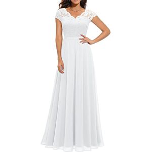 Dubute Women's Elegant Lace 3/4 Sleeves A Line Long Dress Empire Waist Mesh Evening Cocktail Wedding Party Dress (White-B, M)