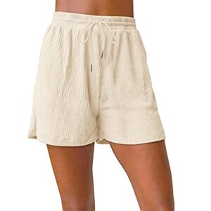 Hzmm Summer Shorts for Women Elastic High Waist Ladies Oversized Loose Solid Color Drawstring Ribbed Beach Shorts Without Pockets Casual Short Pants for Women