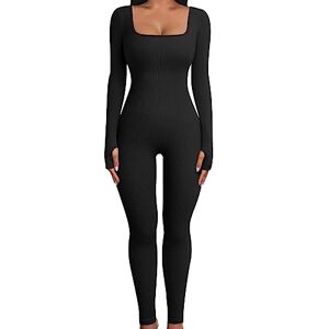 UMIPUBO Women Yoga Jumpsuit Sports Romper Long Sleeve Square Neck Stretchy Playsuit Ribbed Knit Workout Outfit Slim Fit One Piece Bodysuit Fitness Sportwear Daily Wear (Black, M)