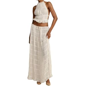 Betrodi Women 2 Piece Maxi Skirt Set Lace Up Backless Tank Top Ruffle Flowy Long Skirt Y2k Summer Outfits Beachwear (White, XL)