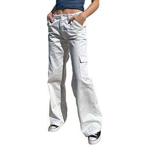 Owegvia Women Y2k Baggy Cargo Pants Casual Low Waist Straight Wide Leg Pant Vintage Gothic Cargo Loose Trousers with Pockets (White, M)