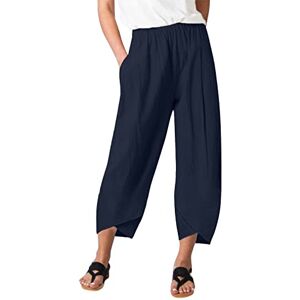 Capri Pants For Women Uk Ladies Pants Sweatpants Summer Comfy Lounge Trousers Cotton Linen Capri Pants for Women 2023 Summer Casual Elastic Waist Wide Leg Cropped Pants Loose Beach Pants with Pockets Women's Cargo Pants JANUK30719SALE07064 Navy