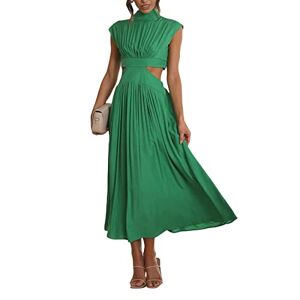 Owegvia Women Summer Casual Dress Sleeveless Mock Neck Hollow Cutout High Waist A-Line Long Dress Ruched Pleated Flowy Sundress (Green, S)