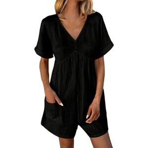 CAMPMINE Womens Rompers for Summer, Short Sleeve V Neck Short Jumpsuits with Pockets Casual Loose Stretchy Shorts Romper (Black,L)