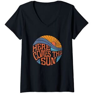 Summer Fun Threads Womens Here Comes the Sun Vintage Retro Sixties Surf Summer Beach V-Neck T-Shirt