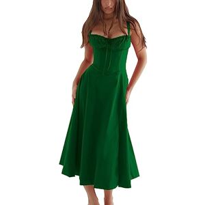 Tuosiqi ERMODA Women's Floral Corset Midi Dress,Summer Boho Sleeveless Square Neck Flowy Print Slit Lace Up Fitted Fairy Dress (Color : Green, Size : Medium)