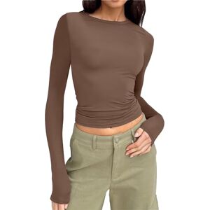 Clodeeu Women Y2k Cropped Tops Long Sleeve Plain Crewneck Slim Fit Blouse Basic T Shirts Casual Fall Tunic for Holiday Daily Travel Brown