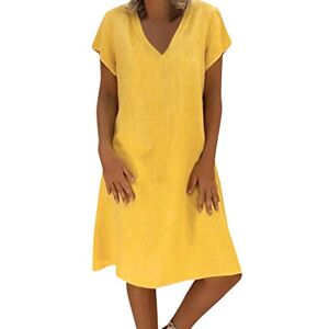 MUMEOMU Summer Cotton Linen Dresses for Women UK Plus Size V Neck Dress Short Sleeve A-line Dress Baggy Printed Dress Casual Knee Length Sundress Tunic Dress Ladies Sundresses (Yellow-C, XXL)