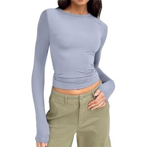 Clodeeu Women Y2k Cropped Tops Long Sleeve Plain Crewneck Slim Fit Blouse Basic T Shirts Casual Fall Tunic for Holiday Daily Travel Light Blue