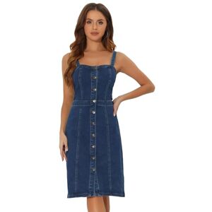 Allegra K Button Down Denim Dress for Women's Sleeveless Sweetheart Neck Jeans Dresses Dark Blue XS