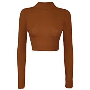 Luxe DIVA Womens Turtle Neck Crop Ladies Long Sleeve Plain Polo Short Stretch Top Sizes 8-14 Chocolate Brown