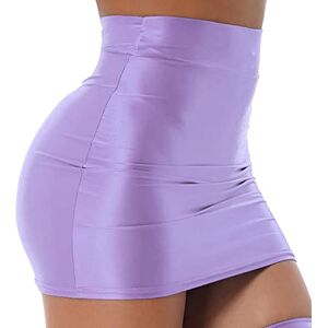 FEESHOW Women Glossy Shiny Bodycon Skirt Slim Fit Solid Color Mini Skirts Package Pencil Skirt Purple M