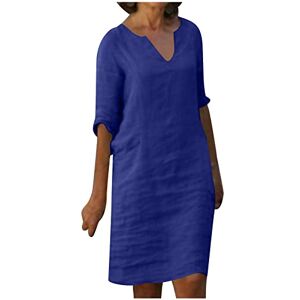 Women Cotton Linen Dresses UK Clearance Loose Fit V Neck Midi Dress 3/4 Sleeve Knee Length Dress Summer Beach Holiday Plain Sundress Indian Vintage Solid Dresses Dark Blue