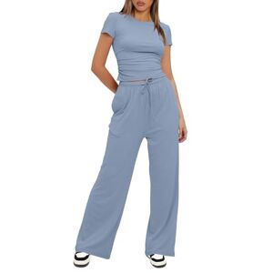 LCDIUDIU Womens 2 Piece Casual Outfits Women Crop Top Wide Leg Trousers, Gray Plain Crew Neck Short Sleeve Slim T-Shirt Straight Pants Summe Office Work Lounge Wear Co Ord Sets Blue L