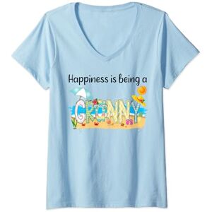 Vintage Summer Happiness Is Being A Granny Beach Womens Vintage Summer Happiness Is Being A Granny Retro Beach V-Neck T-Shirt