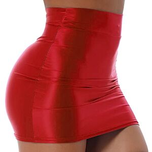 FEESHOW Women Glossy Shiny Bodycon Skirt Slim Fit Solid Color Mini Skirts Package Pencil Skirt Red L