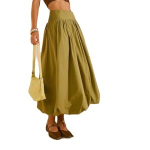Betrodi Women Y2k Bubble Long Skirt Low Rise Ruffle Aline Maxi Skirt Cute Summer Balloon Skirt(AA1-Green,XL)