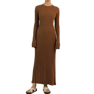 Betrodi Women Knitted Bodycon Dress Long Sleeve Crewneck Tie Back Long Dress Slim Fit Maxi Pencil Dress Sweater Dresses (Reddish Coffee, S)