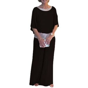 WINDEHAO Sequined Colorblock Elegant Two-Piece Set Womens 2 Piece Dressy Sequin Suits Summer Casual Loose Round Neck Wide Leg Suit (Black,XL)