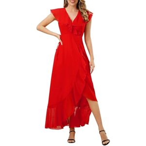 IBAKOM Women's Summer Dress V Neck Sleeveless Corset Dress Chiffon Ruffle A-line Midi Wrap Dress Flowy Cocktail Dress Red XL