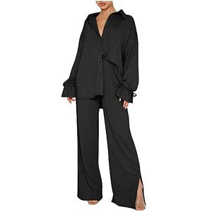 2 Piece Bohemian Sets Top Skirts Suit 04 AMhomely Women 's 2 Outfit Sets, Elegant Party Ribbed Knitted Casual Sets Solid Color Shirt Wide Legs Co-ord Sets Going Out Long Sleeve Button Down Shirt + Pants Set Streetwear Loungewear Black L