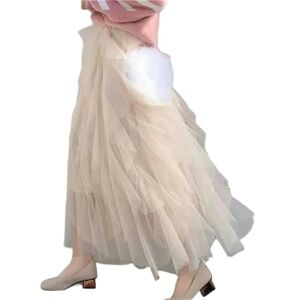 KOGORA skirt Women Party Long Midi Skirt Female Elastic High Waist Tulle Mesh Irregular Tutu Skirt-Apricot-L