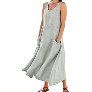 Women Summer Cotton Linen Tank Dress Sleeveless Loose Crew Neck Maxi Long Flowy Dresses Comfy Lounge Baggy Long/Knee Length Dress with Pockets