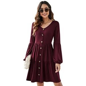 KOJOOIN Women Casual Dress Tunic Long Sleeve Shirt V-Neck Loose Swing Dress Knee Lenth Boho Dress Wine Red XL