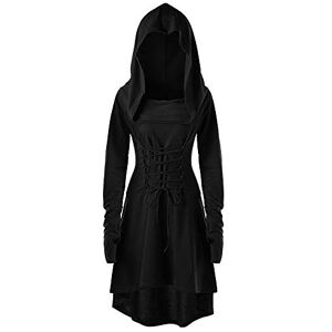 Celucke Womens Gothic Dresses, Vintage Halloween Christmas Costumes Lace Up Hooded Pullover High Low Bandage Dress Cloak Black