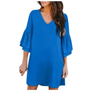 Ruffle 3/4 Sleeve Midi Dresses for Womens UK V Neck Solid Color Dress Everyday Wear Sundress Ladies Comfort Loose Fit Swing Dress Blue