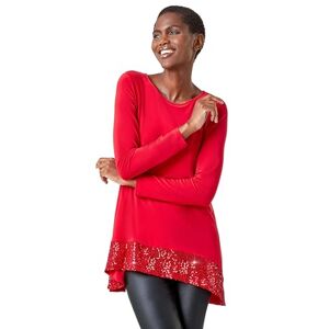 Roman Sequin Hem Tunic Stretch Top for Women UK - Ladies Autumn Everyday Winter Holiday Round Neckline Comfy 3/4 Sleeve Soft Sparkle Shirt Desk to Dinner Blouses - Red - Size 10