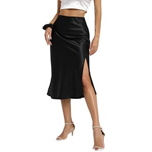Alcea Rosea Women's Midi Skirts High Waist Split Elegant Satin Silky Work Skirt Party Pencil Bias Cut Skirt (Black, L)
