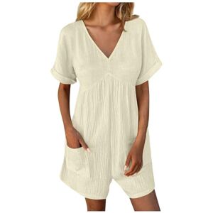 Bauzuoyo Jumpsuit Women's Summer Jumpsuit Elegant Sleeveless Playsuit V-Neck Casual Loose Trouser Suit Cotton Dungarees with Large Pockets Hawaiian Holiday Beach Romper Plain Summer Dress, beige, L