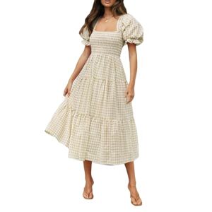 HEXHUASR Dress Women'S Summer Plaid Square Neck Puff Sleeve Ruffle Beach Midi Dress Dresses For Women Long Dress-Beige-L