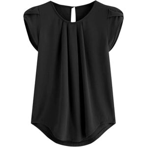 Generic K-590 Black Lounge Tops for Women Fall Summer Petal Short Sleeve Crew Neck Chiffon Loose Fit Long Cut Out Pleated Basic Tops Blouses Shirts Women 2024 Clothes Fashion XL