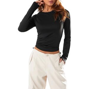 Achlibe Women Long Sleeve Crop Top Y2k Casual Basic Tight Crew Neck Cropped Tee Tshirt Going Out Shirts Blouse (B-b-Black, S)