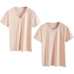 aromm Women's 2-Pack Pure Cotton V-Neck & Crew Neck Short Sleeve T-Shirts Light Pink Set, XS