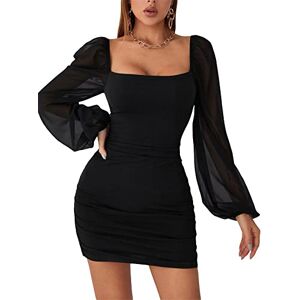 GORGLITTER Women's Contrast Mesh Bodycon Mini Dress Lantern Long Sleeve Elegant Square Neck Pencil Short Party Dresses Black L