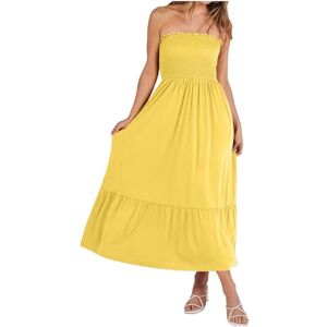 Summer Tube Dresses for Women UK Strapless Smocked Boho Dresses Flare A-Line Maxi Dress Beach Party Solid Color Elastic Waist Pleated Swing Long Dresses with Pockets