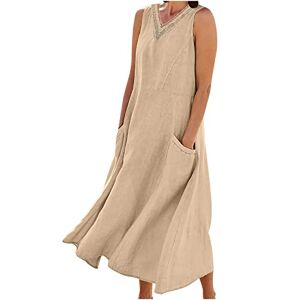 Generic S-763 Khaki Ladies Short Sleeve Dresses Loose Fit Dresses for Women V Neck Faux Gauze Linen Beach Casual Hawaiian Tropical Basic Maxi Long Summer Fall Dresses 2024 Clothing XXL