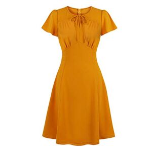 Wellwits Women's Pumpkin Orange Tie Neck Ruched A Line Vintage Dress L