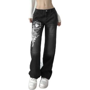 Madger Women's Indie Aesthetic Jeans Vintage Low Waisted Baggy Denim Pants Straight Wide Leg Trousers 90s Hippie Y2K Streetwear (Black, S)