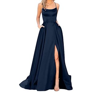 Générique Prom Dresses Ladies Long Elegant Women Long Back DressesCris Satin Spaghetti Party Ball Gown Side Slit Wedding Evening Dress with Pockets Party Dress, Marine, 12