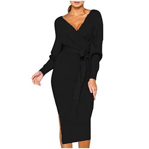 CUTeFiorino Women's Knitted Dress Long Sleeve V-Neck Plain with Strappy Jumper High Waist Side Slit Slim Fit Sweater Elegant Autumn Winter Comfortable Dresses Party Dress, black, XXL