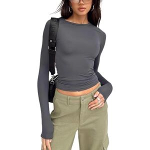 Achlibe Women Long Sleeve Crop Top Y2k Casual Basic Tight Crew Neck Cropped Tee Tshirt Going Out Shirts Blouse (B-a-Grey, S)