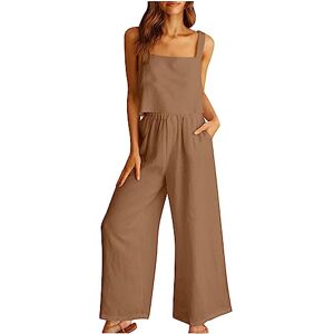 FunAloe Summer Outfits for Women Wide Leg Pants Sets 2 Piece Sleeveless Rompers Linen Women's Trouser Suits Round Neck Crop Basic Top Button Back Tops with Pocket, 02 Brown