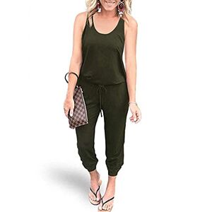 REORIA Women Summer Casual Sleeveless Jersey Jumpsuits Elastic Waist Loose Jumpsuit Rompers with Pockets Army Green X-Large