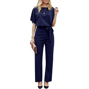 FeMereina Women's Casual Jumpsuits Loose Batwing Sleeve Crewneck Rompers Long Pants Belted Wide Legs Overall S-2XL (Navy, Small)