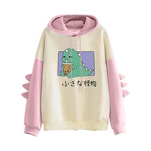 Générique Ladies Fashion Hooded Long Sleeve Dinosaur Printed Stitching Top Pullover Hoodie Fleece Long Pile, Pink, L