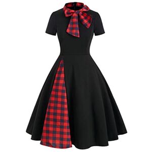 QIANKUN Red Plaid Vintage Pin Up Midi Dress Bow Tie Neck Casual Robe Women Short Sleeve Summer A Line Elegant Dresses-black dess,S